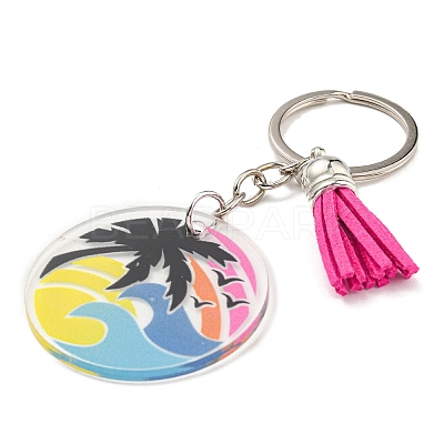 Acrylic Flat Round with Suede Tassel Pendant Keychain KEYC-G060-01E-1