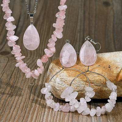 Bohemian Style Natural Rose Quartz Teardrop Pendant Necklaces & Chip Beaded Necklaces & Hoop Earrings & Dangle Earrings Sets WG11994-04-1