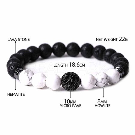 Natural Howlite & Lava Rock & Cubic Zirconia Round Beads Stretch Bracelets for Men Women Round Beads Stretch Bracelets for Men Women FF8165-7-1