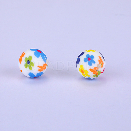 Printed Round with Flower Pattern Silicone Focal Beads SI-JX0056A-115-1