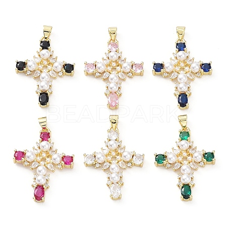 Brass Pave Cubic Zirconia with ABS Plastic Imitation Pearl Pendants KK-G467-01G-1