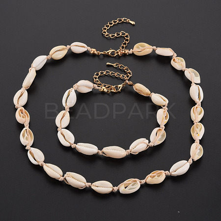 Natural Shell Beaded Necklace and Bracelet SJEW-T002-01-1