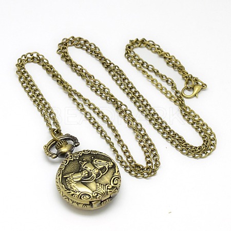 Alloy Flat Round with Horse Pendant Necklace Pocket Watch WACH-N011-84-1
