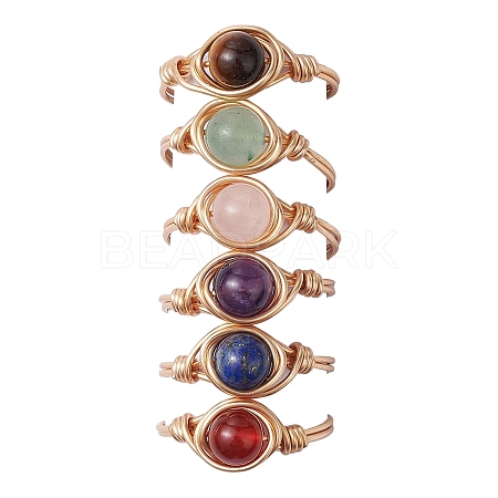 Round Natural Amethyst/Green Aventurine/Carnelian/Rose Quartz/Tiger Eye/Lapis Lazuli Braided Finger Ring RJEW-JR00743-02-1