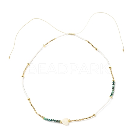 Adjustable Miyuki Seed & White Shell & Natural African Turquoise Beaded Necklaces NJEW-O127-02-1
