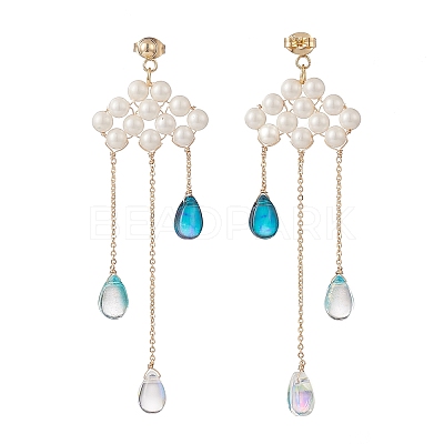 Shell Pearl Cloud with Glass Teardrop Dangle Stud Earrings EJEW-TA00164-1