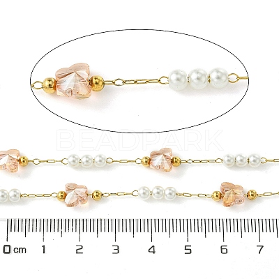 10M Ion Plating(IP) 304 Stainless Steel & ABS Plastic Pearl Bead & Butterfly Glass Link Chains CHS-G035-04G-08-1