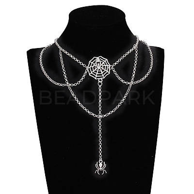 Halloween Spider & Spider Web Zinc Alloy Tassel Layered Choker Necklaces FS-WG2E652-01-1