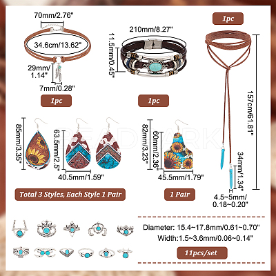 Imitation Leather Oval & Teardrop Finger Rings & Multi-strand Bracelet & Dangle Earrings & Lariat Necklace with Synthetic Turquoise SJEW-PH0001-12-1