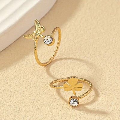 2Pcs 2 Styles Brass Crystal Rhinestone Butterfly Clover Cuff Toe Ring Sets FS-WG20A77-03-1