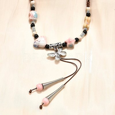 Ethnic Style Alloy & Porcelain Ceramic Beads Butterfly Pendant Tassel Y Necklaces NJEW-D308-01C-1