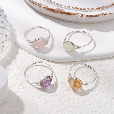 Natural Amethyst & Rose Quartz & Prehnite & Citrine Beads Finger Rings RJEW-JR00836-1