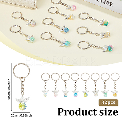 32Pcs 8 Colors Alloy & Imitation Pearl Acrylic Keychain KEYC-ME00006-1