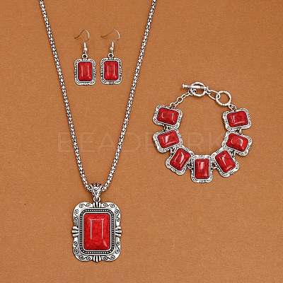 Rectangle Alloy with Synthetic Turquoise Pendant Necklaces & Dangle Earrings & Link Bracelets Sets WGD1135-12-1