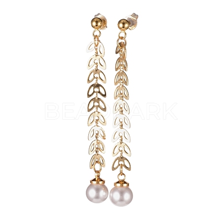 Brass Spool Leaf Chains Dangle Stud Earrings EJEW-JE03780-1