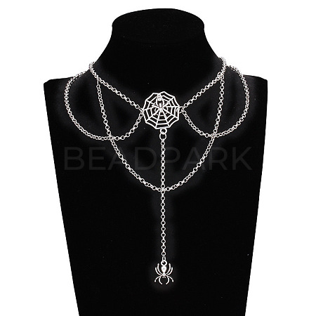 Halloween Spider & Spider Web Zinc Alloy Tassel Layered Choker Necklaces FS-WG2E652-01-1