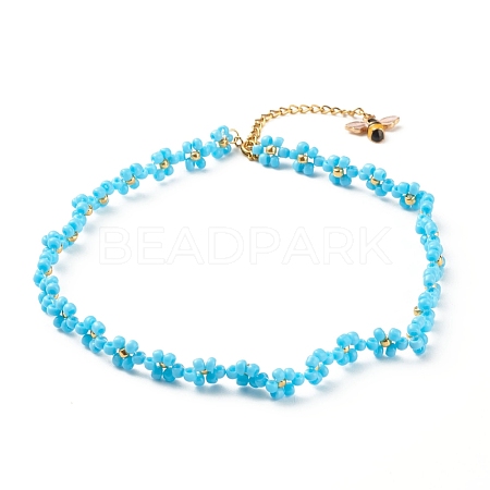 Glass Seed Beaded Flower Necklace with Alloy Enamel Bee Charm NJEW-JN03817-01-1