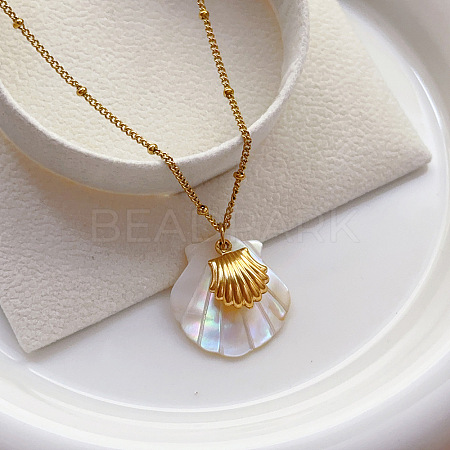 Natural Shell & 304 Stainless Steel Pendant Satellite Chain Necklaces for Women FS-WG3FAFC-03-1