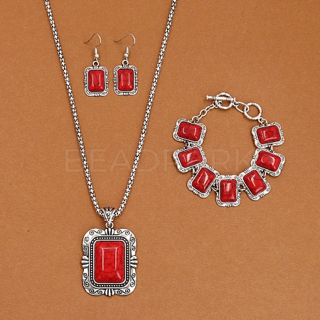 Rectangle Alloy with Synthetic Turquoise Pendant Necklaces & Dangle Earrings & Link Bracelets Sets WGD1135-12-1