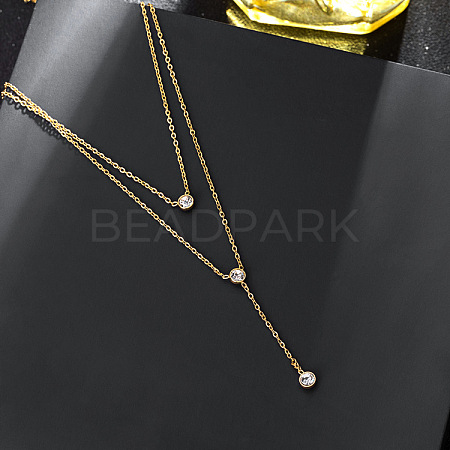 Flat Round 304 Stainless Steel Micro Pave Clear Cubic Zirconia Pendant Double Layer Y Necklaces for Women FS-WG7B3FB-02-1