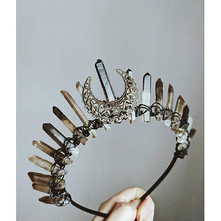 Hollow Moon Metal with Raw Natural Quartz Wrapped Hair Hair Bands PW-WG18A78-01-1