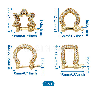 4Pcs 4 Style Brass Micro Pave Clear Cubic Zirconia D-Ring Anchor Shackle Clasps ZIRC-PJ0001-02-1