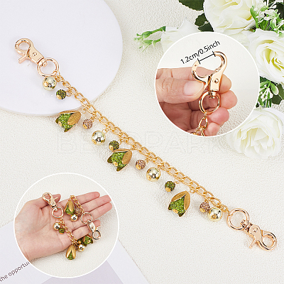 Polymer Clay Rhinestone Green Flower Charms Aluminium Twisted Curb Chain Bag Decorative Chains HJEW-PH02271-1