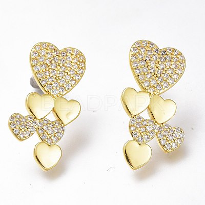 Brass Micro Pave Clear Cubic Zirconia Heart Stud Earrings ZIRC-I049-33G-01-1