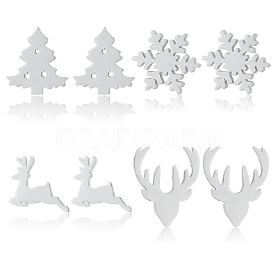 4 Pairs 4 Style Christmas Tree & Deer & Snowflake Exquisite Stainless Steel Stud Earrings for Women EJEW-AN0002-38-1