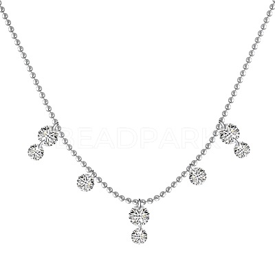 Rhodium Plated 925 Sterling Silver Pave Clear 5A Cubic Zirconia Ball Chain Flat Round Tassel Necklaces for Women NJEW-Q342-16P-1