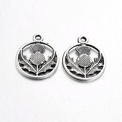 Tibetan Style Alloy Flat Round with Flower Scotland Thistle Pendants TIBEP-24054-AS-FF-1
