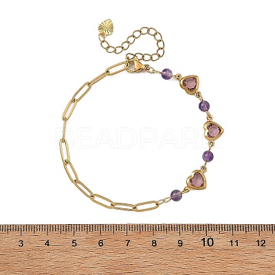 Gemstone Round & Stainless Steel Glass Heart Link Chain Bracelets with Paperclip Chains BJEW-JB14233-1