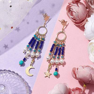 Glass Seed Beads & Shell Pearl Chandelier Earrings EJEW-TA00488-1
