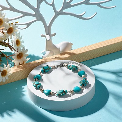Heart & Tortoise Synthetic Turquoise Beaded Anklet AJEW-AN00459-02-1
