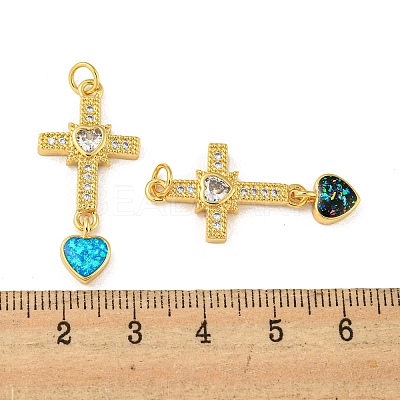 Cross with Heart Brass Pendants Micro Pave Cubic Zirconia with Synthetic Opal KK-K356-05G-1