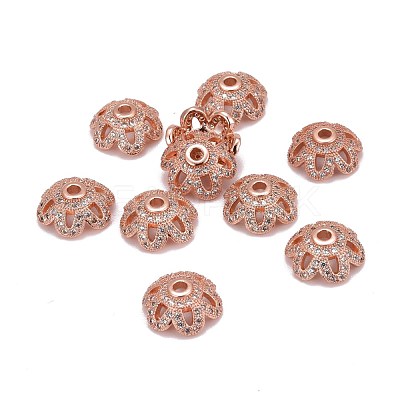 Eco-Friendly 6-Petal Flower Brass Micro Pave Cubic Zirconia Bead Caps ZIRC-M098-01RG-FF-1