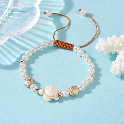 Adjustable Synthetic Turquoise & ABS Plastic Pearl Braided Bead Bracelet BJEW-JB10101-01-1