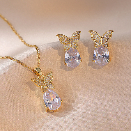 Butterfly & Teardrop 304 Stainless Steel Rhinestone Studs Earrings & Pendant Necklaces Sets for Women FS-WG8B01A-06-1
