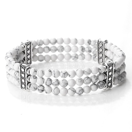 Round Natural Howlite & Alloy Multi-Strand Beaded Stretch Bracelets for Women Men GQ0306-6-1