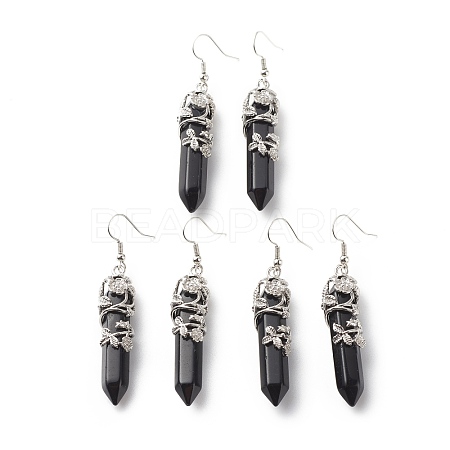 Natural Obsidian Bullet with Flower Dangle Earrings EJEW-G300-02P-06-1