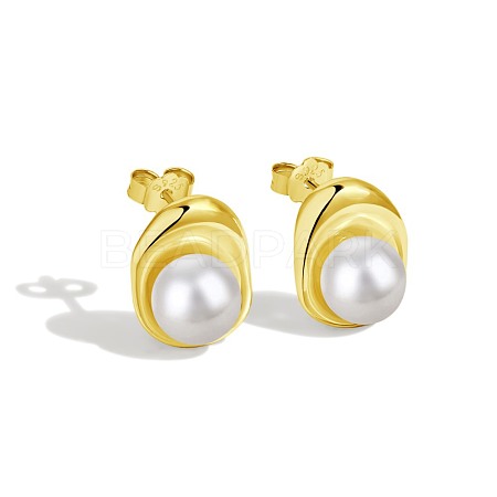 925 Sterling Silver Pearl Stud Earrings for Women EJEW-P231-79G-1