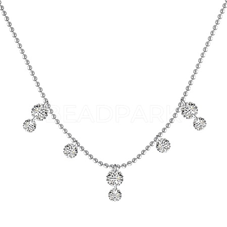 Rhodium Plated 925 Sterling Silver Pave Clear 5A Cubic Zirconia Ball Chain Flat Round Tassel Necklaces for Women NJEW-Q342-16P-1