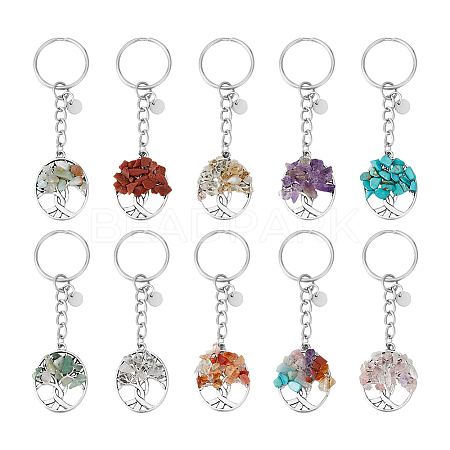 10Pcs 10 Styles Flat Round with Tree of Life Tibetan Style Zinc Alloy Keychains KEYC-UN00003-1