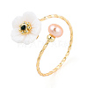 Natural Pearl with Shell Flower Open Cuff Ring RJEW-T026-03G-1
