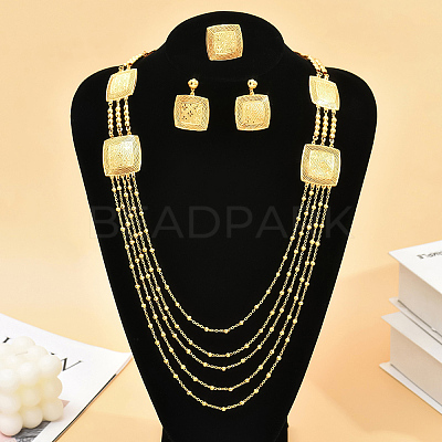 Bohemian Iron Hollow Square Multi-layer Necklaces & Stud Earrings & Cuff Rings Set for Women WD7231-1