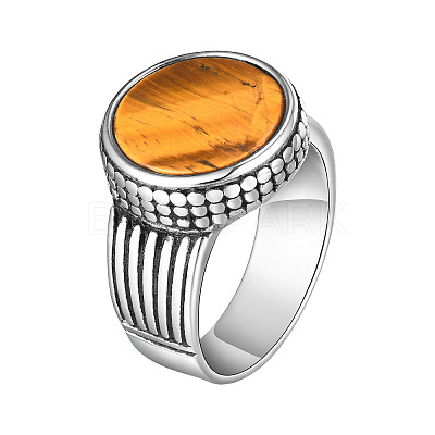 304 Stainless Steel with Natural Tiger Eye Finger Rings for Men FS-WGE1297-03-1