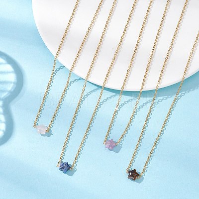 Natural Lepidolite & Larvikite & Lapis Lazuli & Rose Quartz & Tiger Eye Star Pendant 304 Stainless Steel Cable Chain Necklaces NJEW-JN05721-1