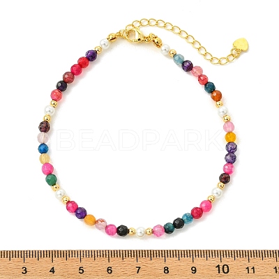 Faceted Round Natural Agate(Dyed & Heated) & Shell Pearl & Brass Beaded Anklets AJEW-AN00881-1