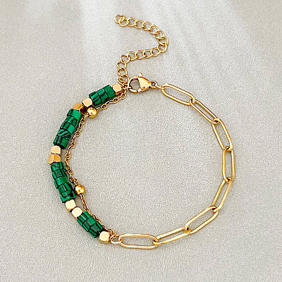Bohemian Synthetic Malachite Heishi Beads Bracelets with 304 Stainless Steel Paperclip Chains WGD41F4-03-1