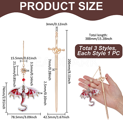 3Pcs 3 Colors Acrylic Dragon with Zinc Alloy Sword Pendant Bookmarks HJEW-UN00080-1